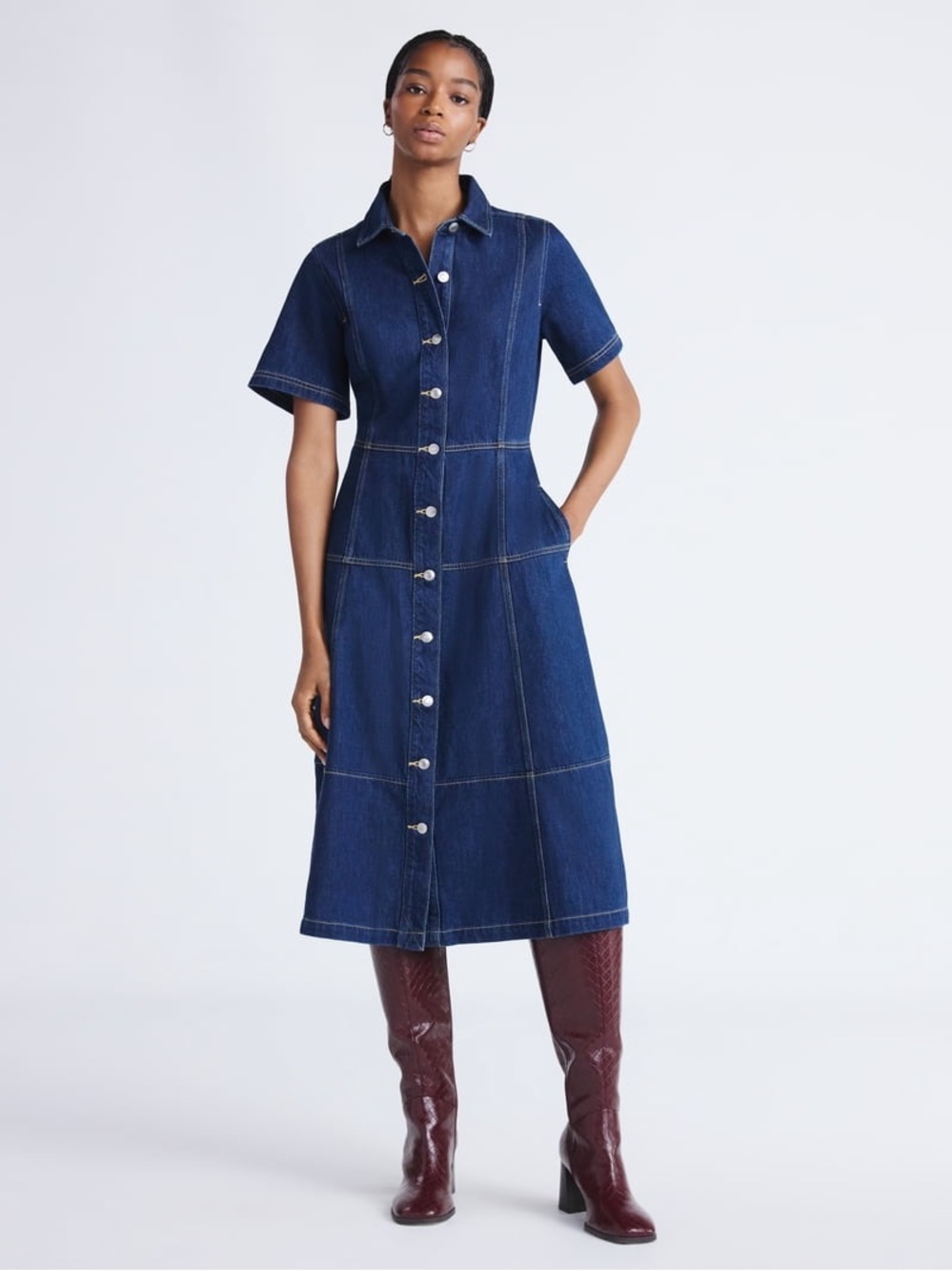 Free Assembly Button-Front Indigo Denim Short Sleeve Midi Dress
